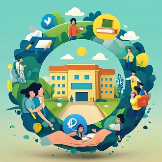 Ilustración conceptual de un plan de convivencia educativa mostrando una escuela rodeada de estudiantes, docentes y familias colaborando, con íconos de paz, respeto y trabajo en equipo, simbolizando la aplicación del reglamento interno escolar.