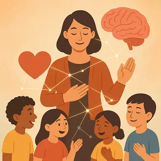 Ilustración de una docente conectando un cerebro y un corazón mediante una red luminosa, rodeada de estudiantes que reflejan alegría, cooperación y desarrollo integral, representando el enfoque de la neuroeducación para el desarrollo humano.